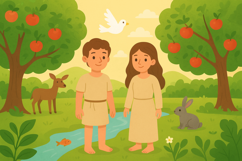 Children's Creation Bible story illustration of Adam and Eve in the Garden of Eden.