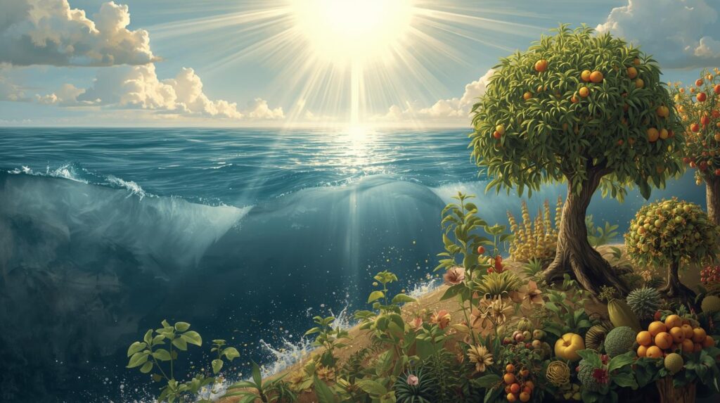 Children's Creation Bible story illustration of seas, trees, and plants.