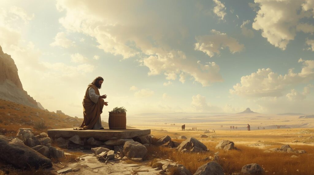 Noah offering sacrifice in serene landscape.