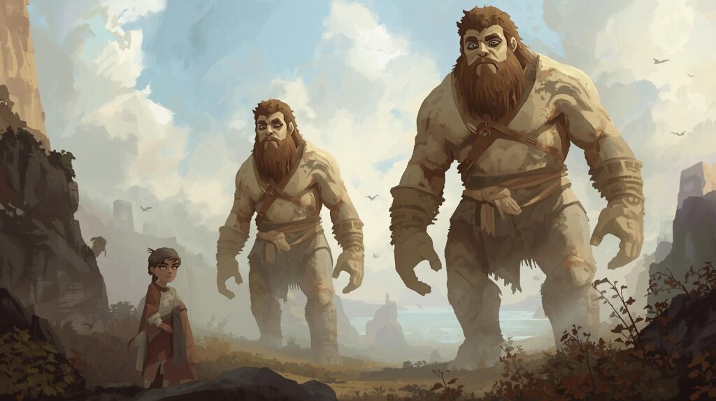 Illustration of Giants on the earth in Noah's time for children's Bible story.