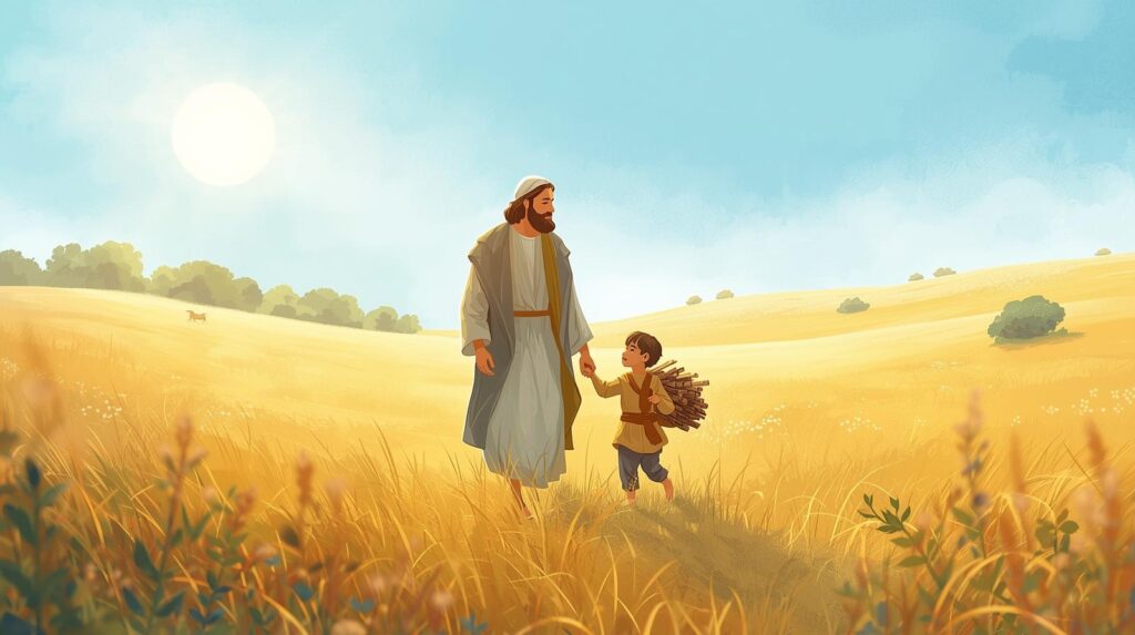 Bible story illustration of Abraham and Isaac. Abraham and Isaac walk to Moriah. Isaac is carrying the firewood.