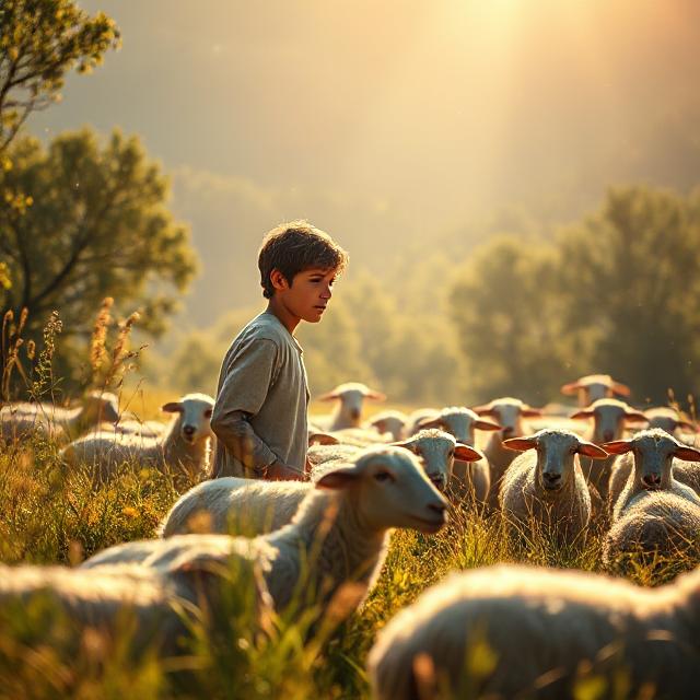 A young David is looking after his father's sheep in the wilderness. He is standing surrounded by sheep.