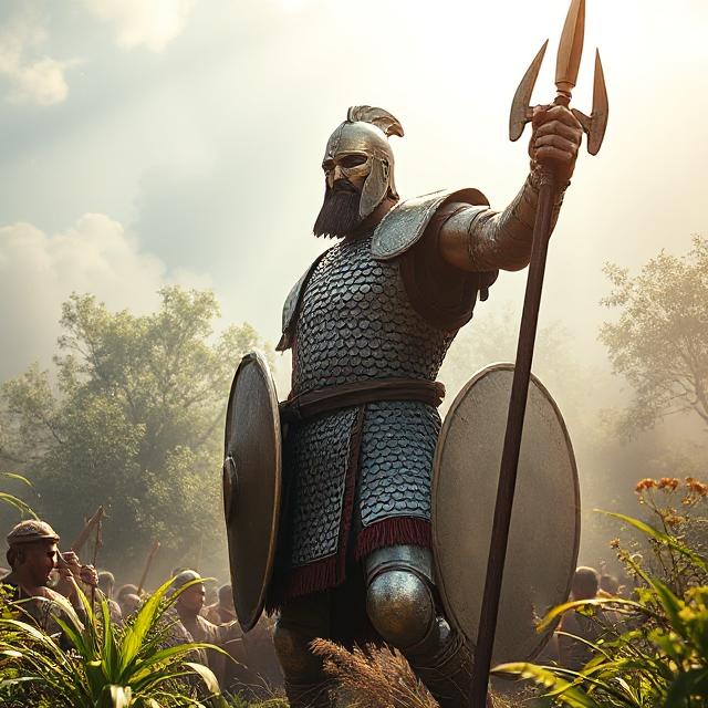 image of the David and Goliath Bible story. Goliath, standing up, wearing a helmet, and holding a spear and shield.