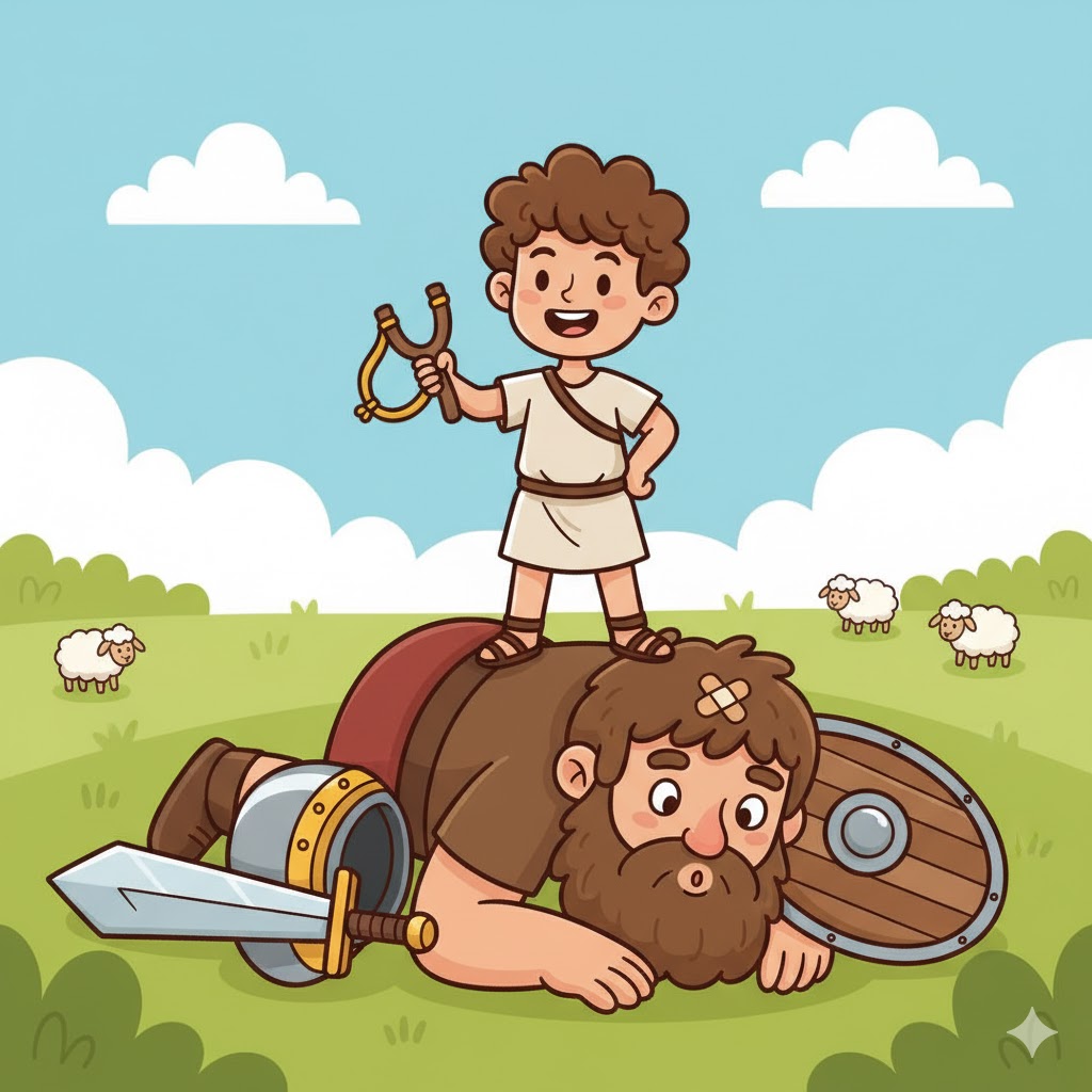 David is standing over a defeated Goliath in the field.