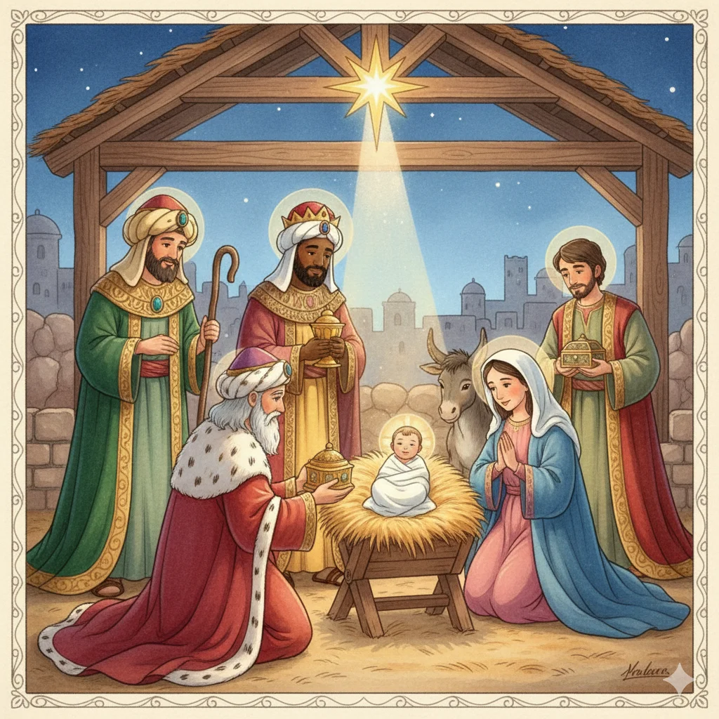 The wise men present gifts to Jesus in a manger.