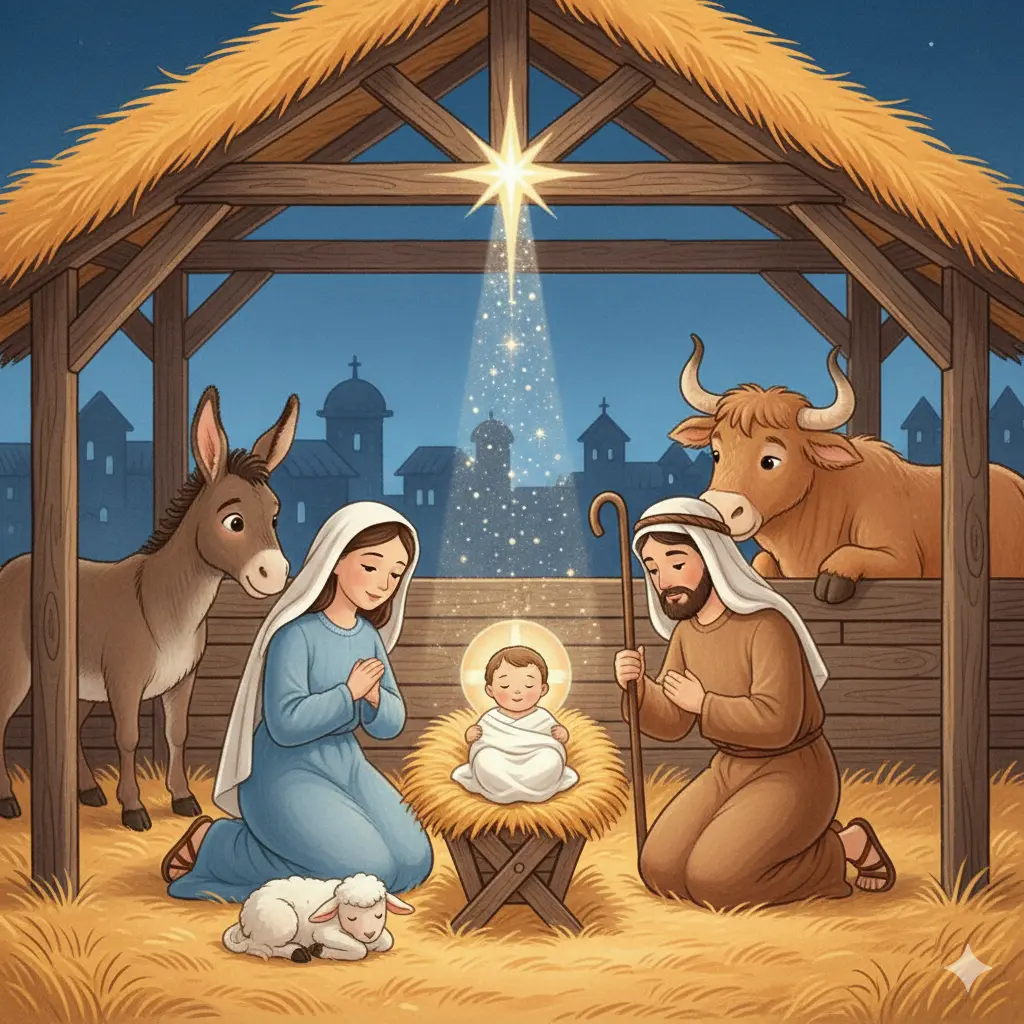 Jesus after his birth, with Mary his mother and Joseph his father in a manger.